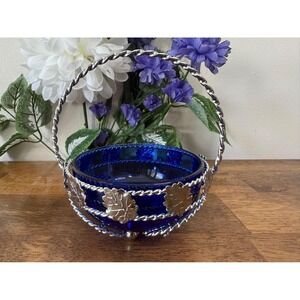 Vintage Cobalt Blue Glass Basket with Silver Plated Leaf Detail and Twisted Hand